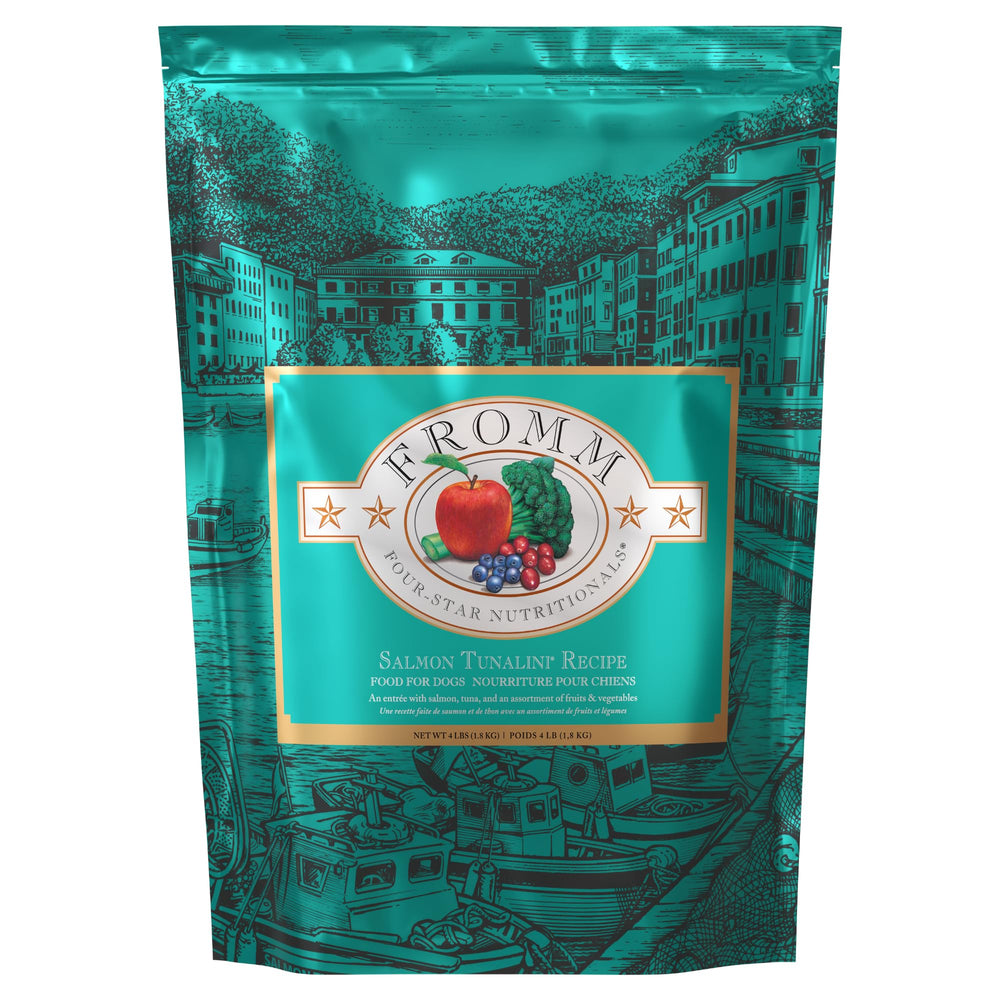 Fromm Four-Star Salmon Tunalini kibble in a bowl supports balanced nutrition and palatability.