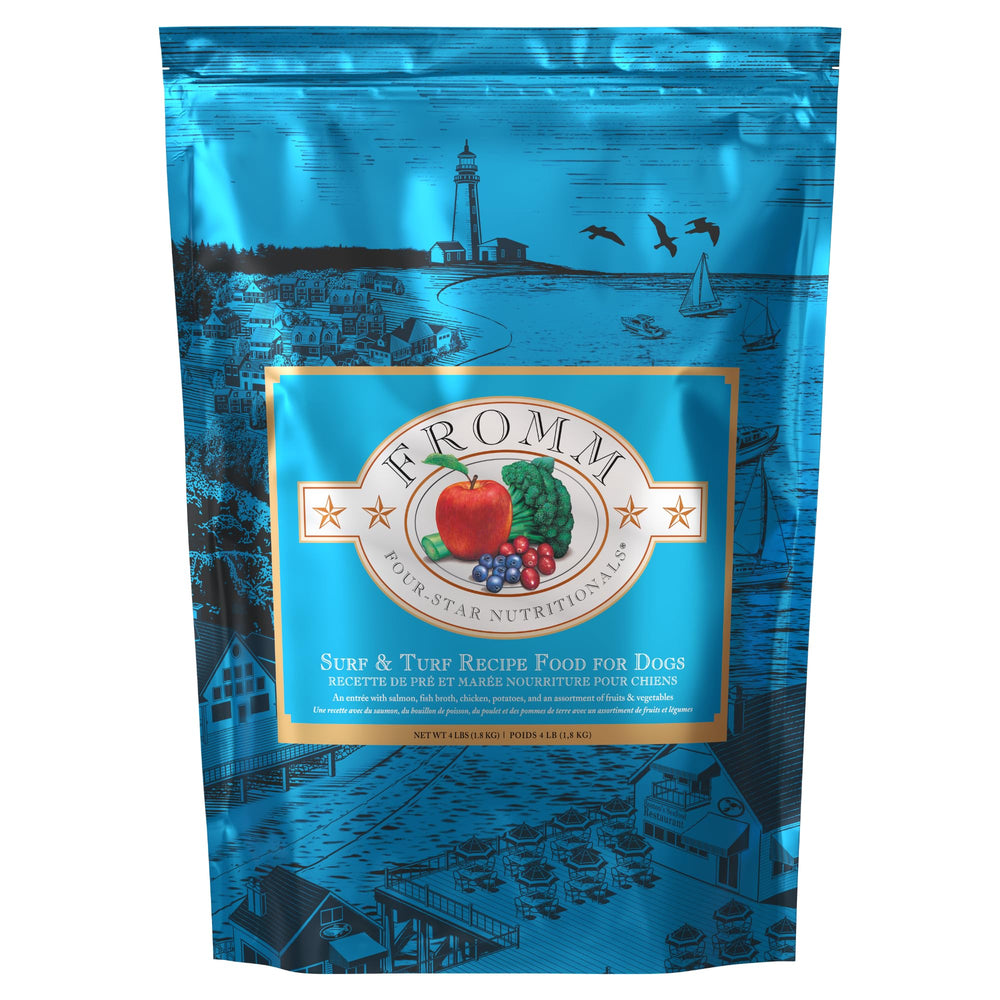 Fromm Surf and Turf Four-Star kibble bag highlighting premium salmon recipe for all life stages.