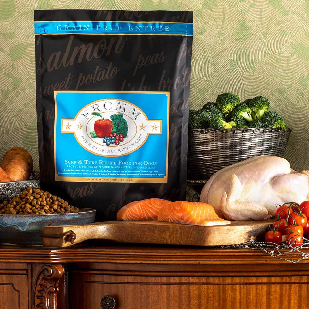 Fromm Surf and Turf fruits and vegetables blend featured for balanced nutrition.