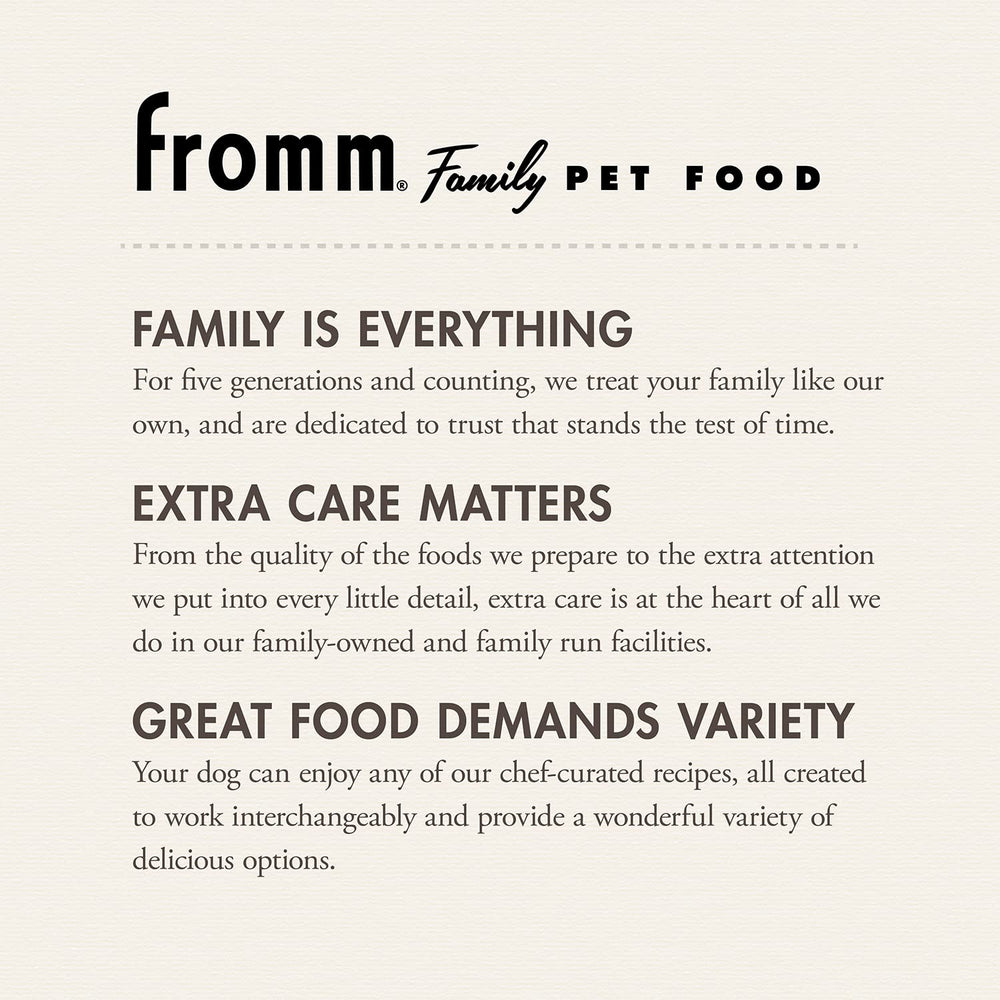 Fromm Four-Star Surf and Turf close-up on salmon and chicken proteins for nourishment.