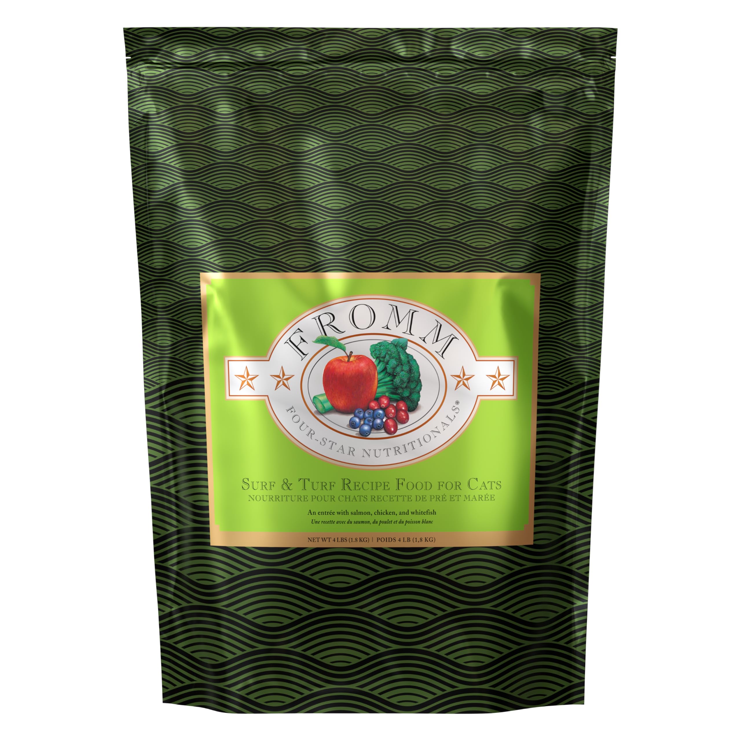 Fromm Four-Star Surf and Turf salmon recipe bag on counter, premium nutrition for cats.