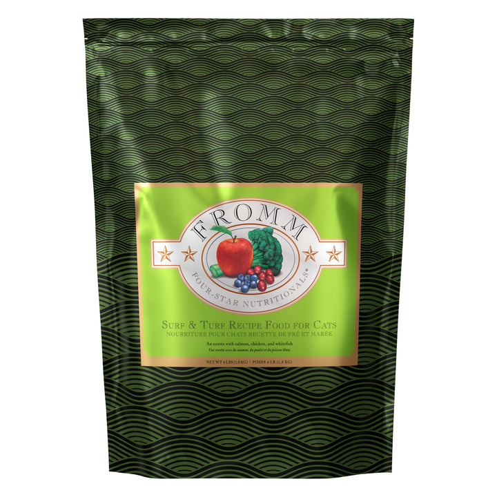 Fromm Four-Star Surf and Turf salmon recipe bag on counter, premium nutrition for cats.