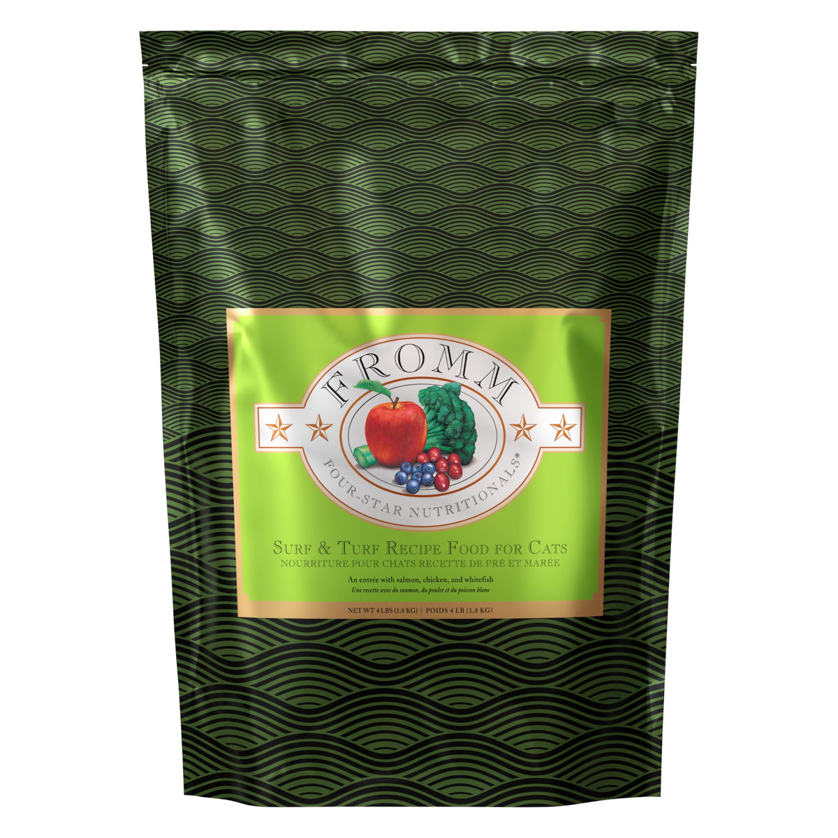 Fromm Four-Star Surf and Turf salmon recipe bag on counter, premium nutrition for cats.