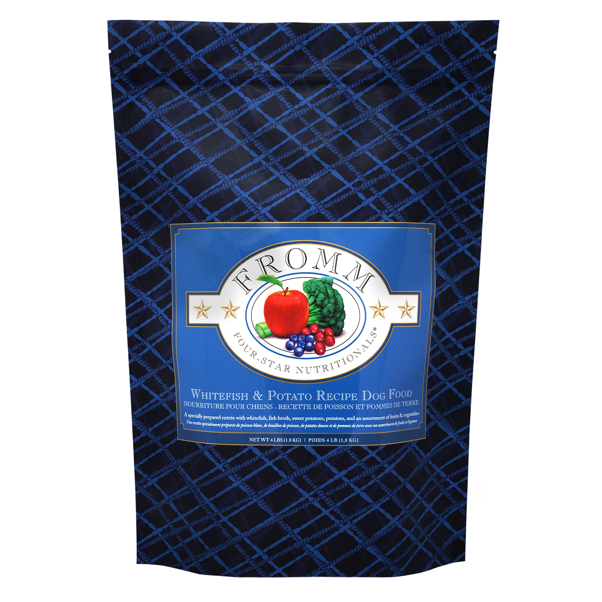 Fromm Four-Star Whitefish & Potato dry dog food bag showing balanced nutrition for all life stages.