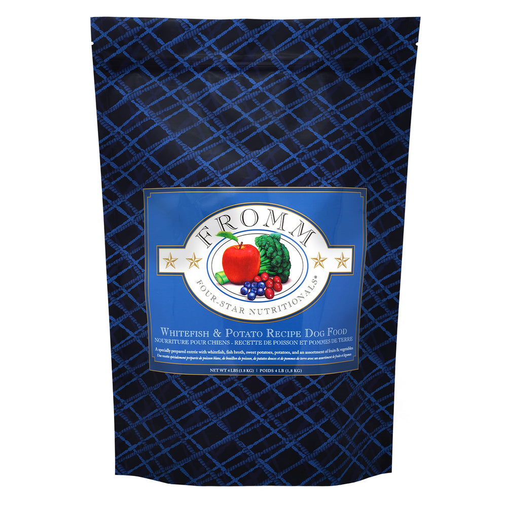 Fromm Four-Star Whitefish & Potato dry dog food bag showing balanced nutrition for all life stages.