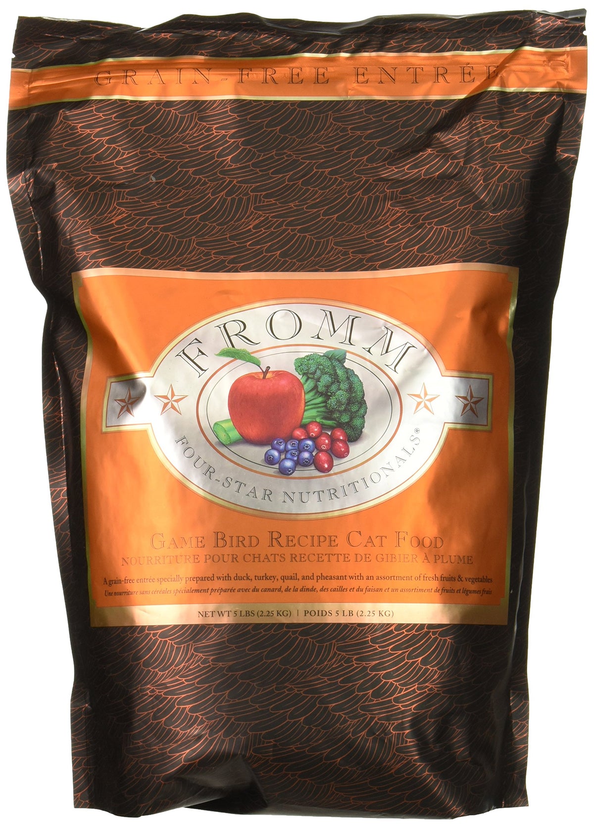 Fromm Four-Star Game Bird dry cat food bag demonstrates grain-free recipe for sensitive cats.