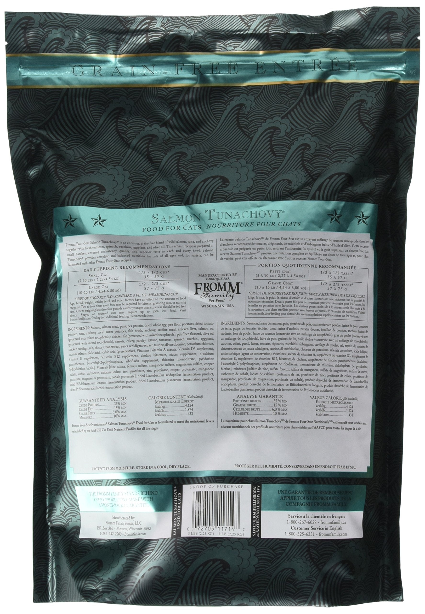 Fromm Four-Star Salmon Tunachovy dry cat food bag packaging with premium ingredients