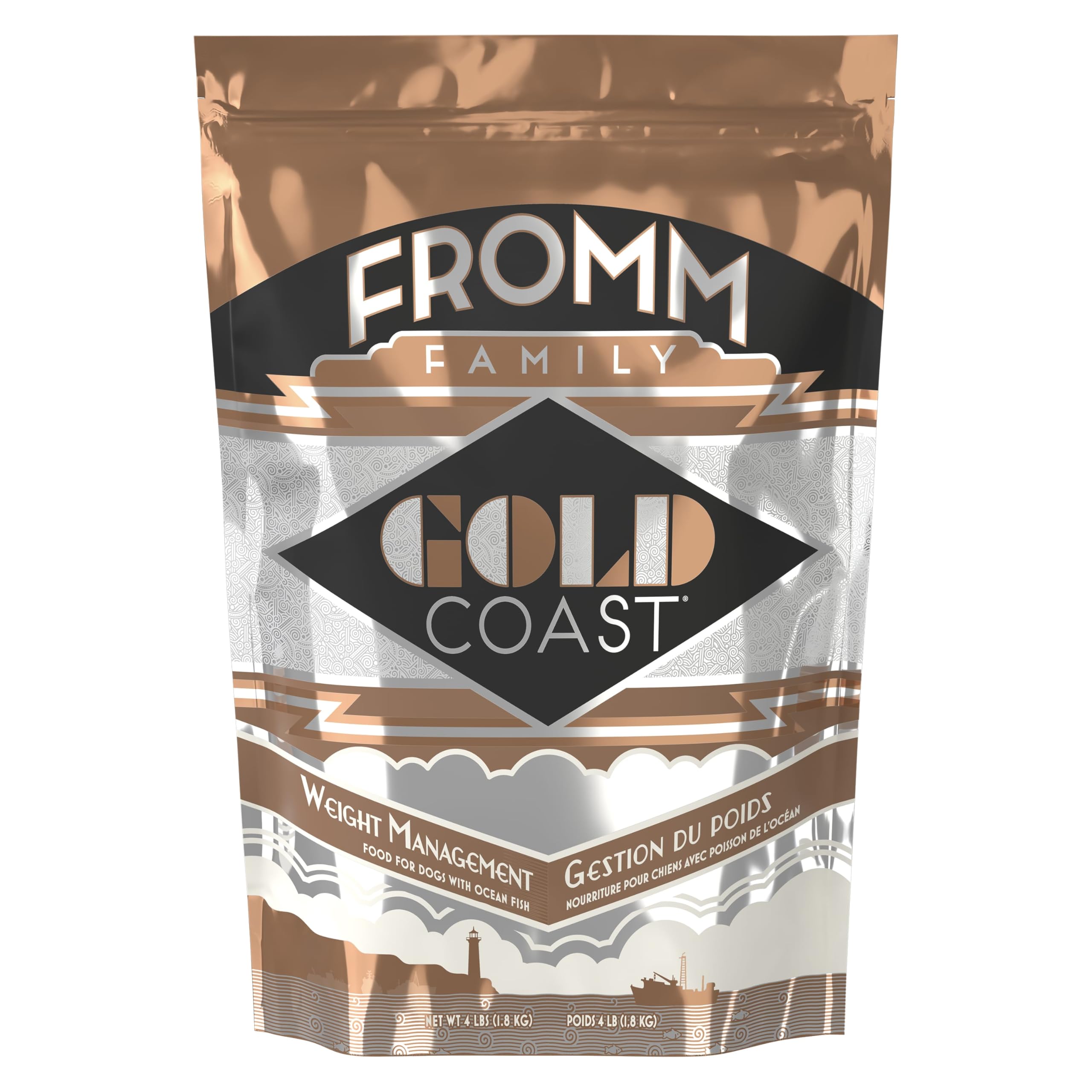 Fromm Gold Coast Weight Management bag showing a calorie-controlled formula for dogs