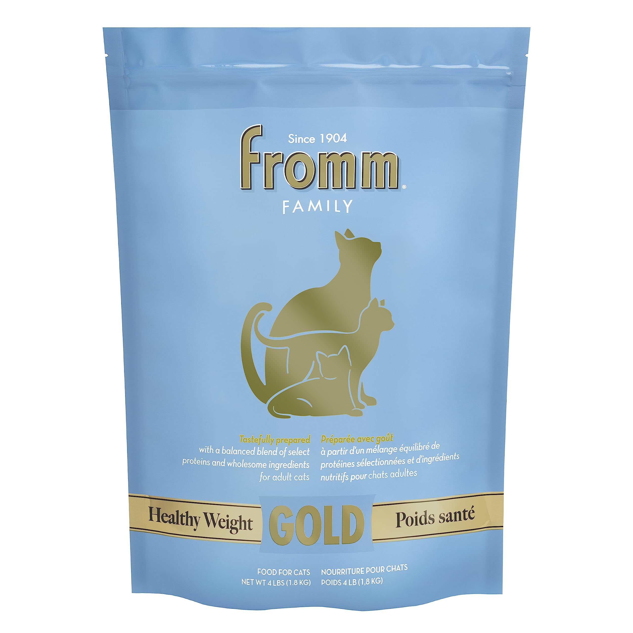 Fromm Healthy Weight Gold dry cat food bag highlighting weight management formula for adults.
