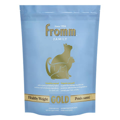 Fromm Healthy Weight Gold dry cat food bag highlighting weight management formula for adults.