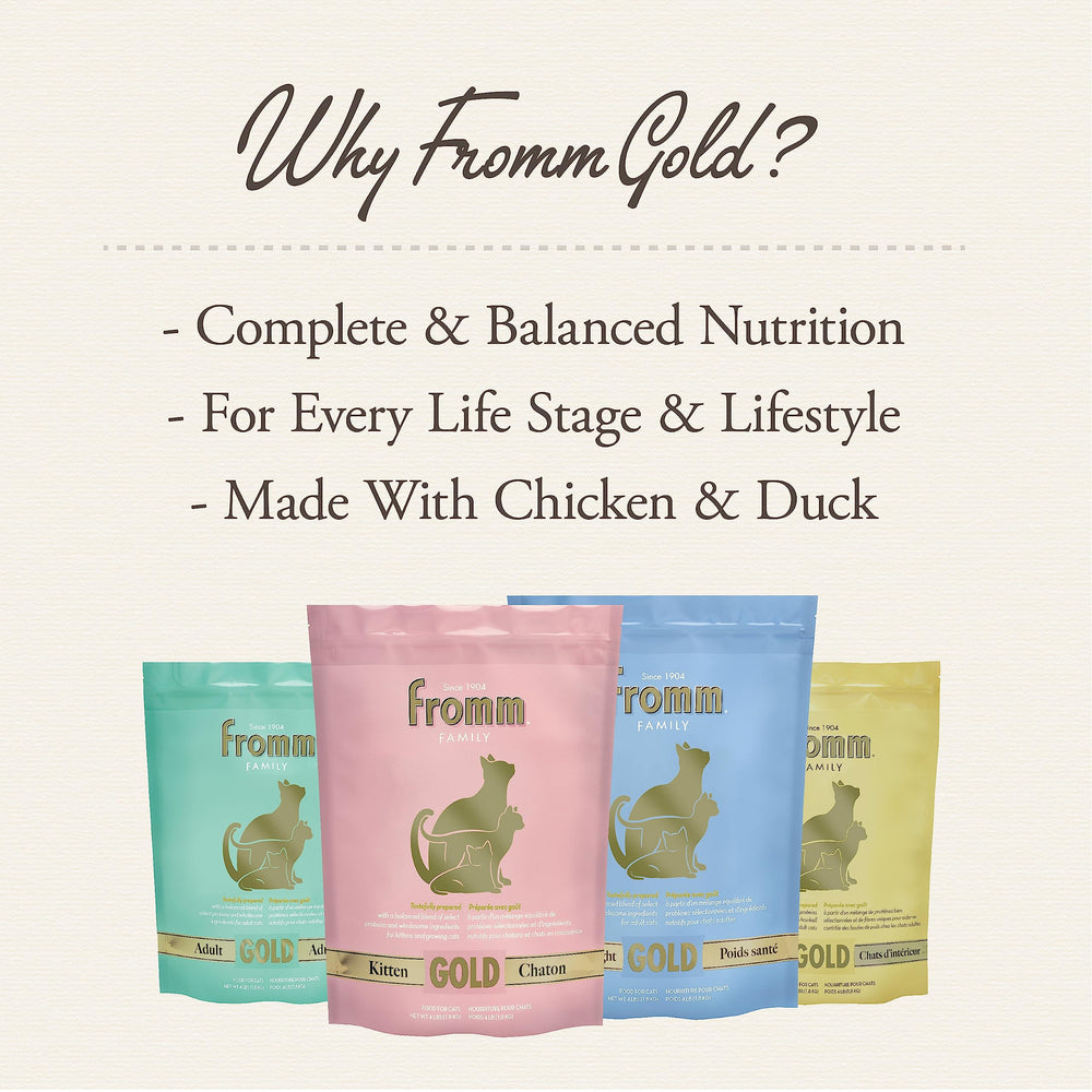 Fromm Healthy Weight Gold senior cat meal portion in convenient 4 lb bag.