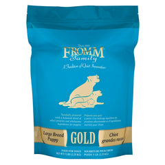 Fromm Large Breed Puppy Gold dry dog food bag closeup highlighting quality ingredients for growing puppies.