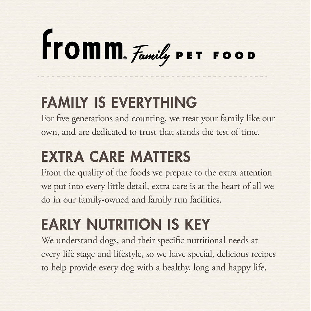 Fromm Large Breed Puppy Gold kibble in bowl showcases protein-rich formula for active puppies.