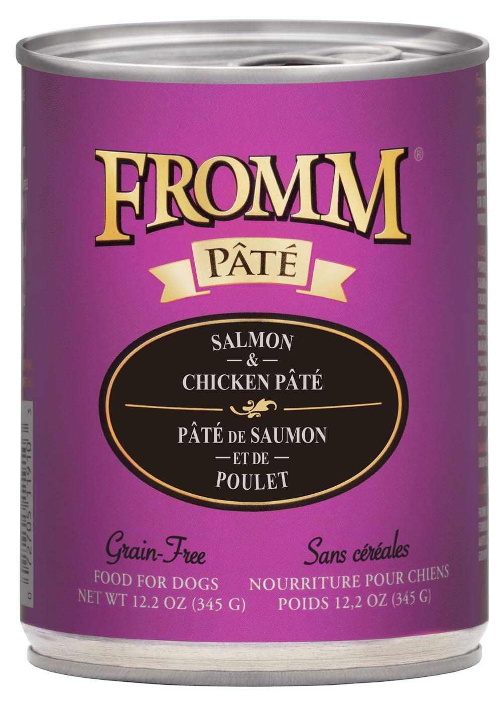 Fromm Salmon & Chicken Pate dog food cans offer a flavorful, moisture-rich meal for all breeds.