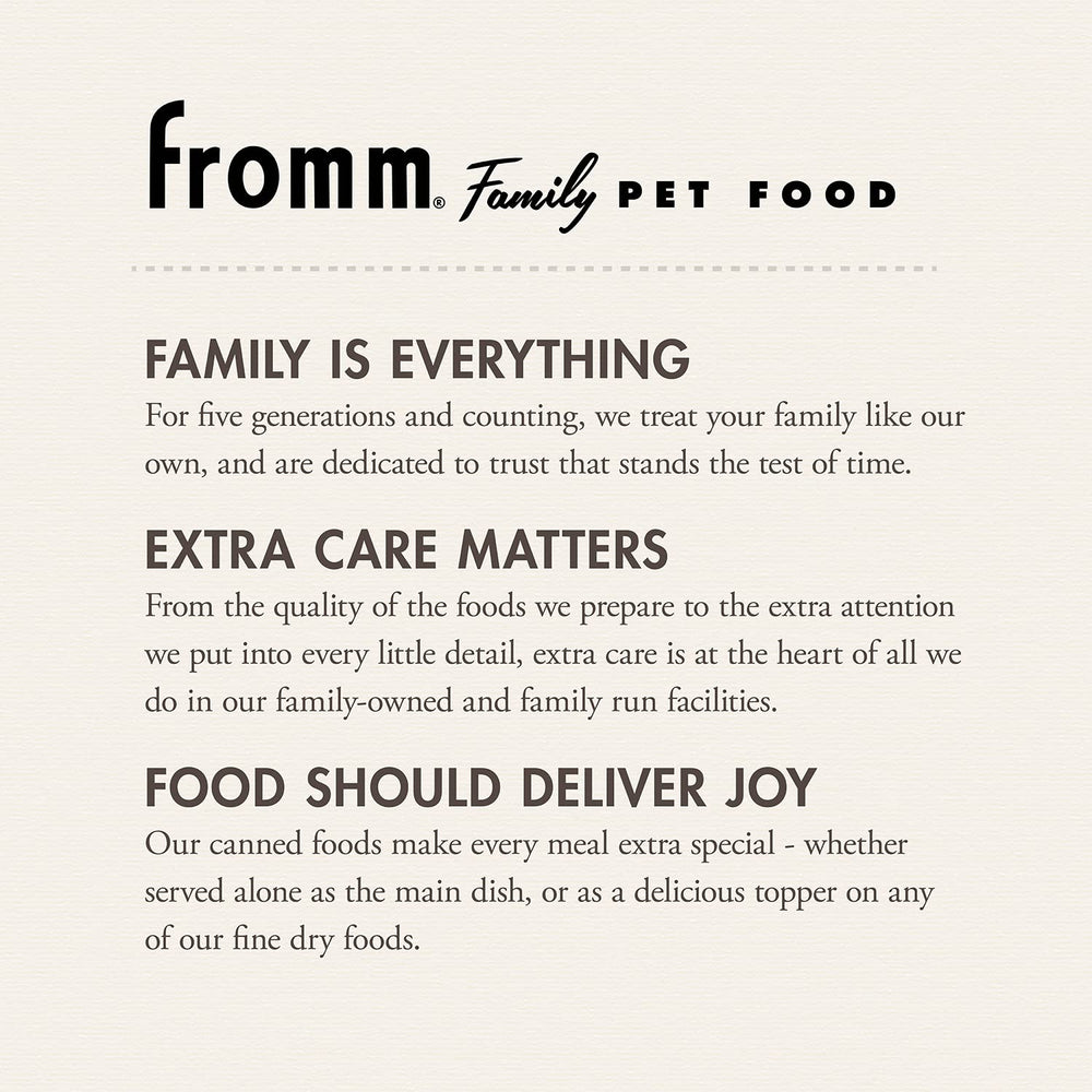 Fromm Salmon & Chicken Pate product label highlighting protein blend for balanced canine nutrition.