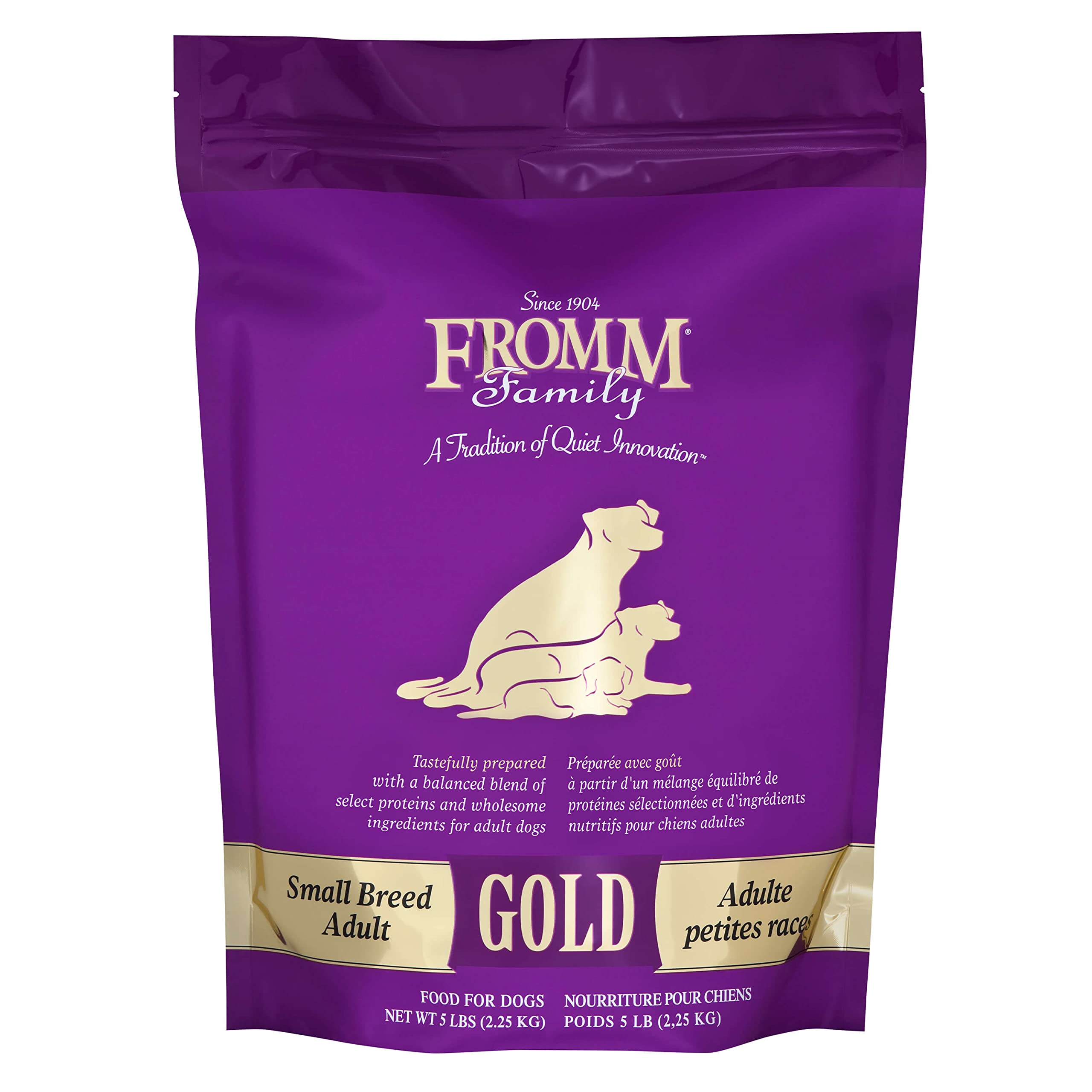 Fromm Small Breed Adult Gold chicken kibble bag, easy storage for busy households.