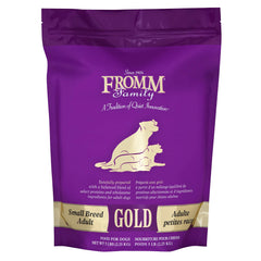 Fromm Small Breed Adult Gold chicken kibble bag, easy storage for busy households.
