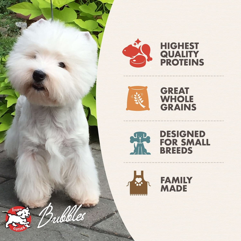Fromm Small Breed Adult Gold whole-grain blend image suggests balanced energy and fiber.