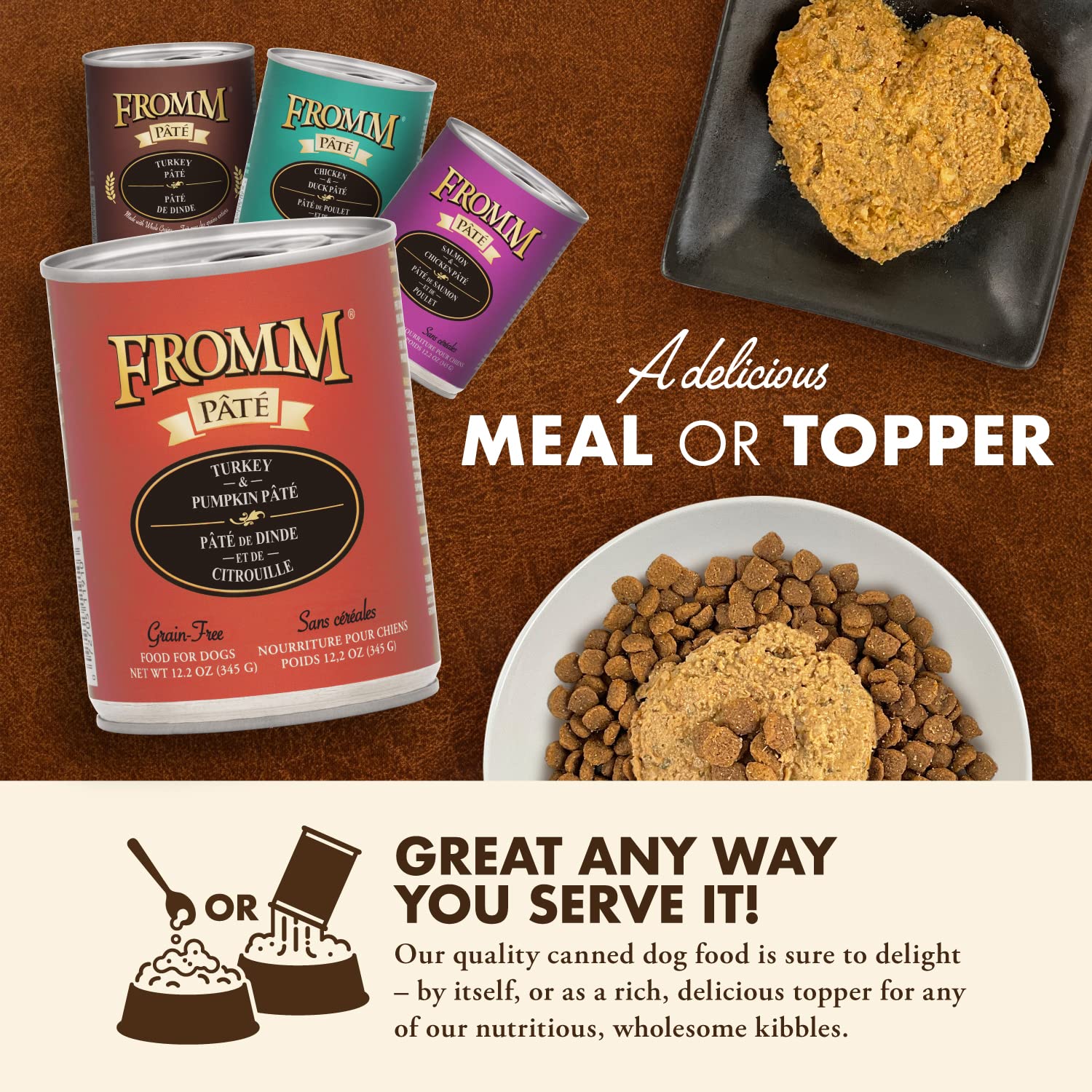 Fromm Turkey & Pumpkin Pate opened can pour demonstrates moisture-rich serving option.