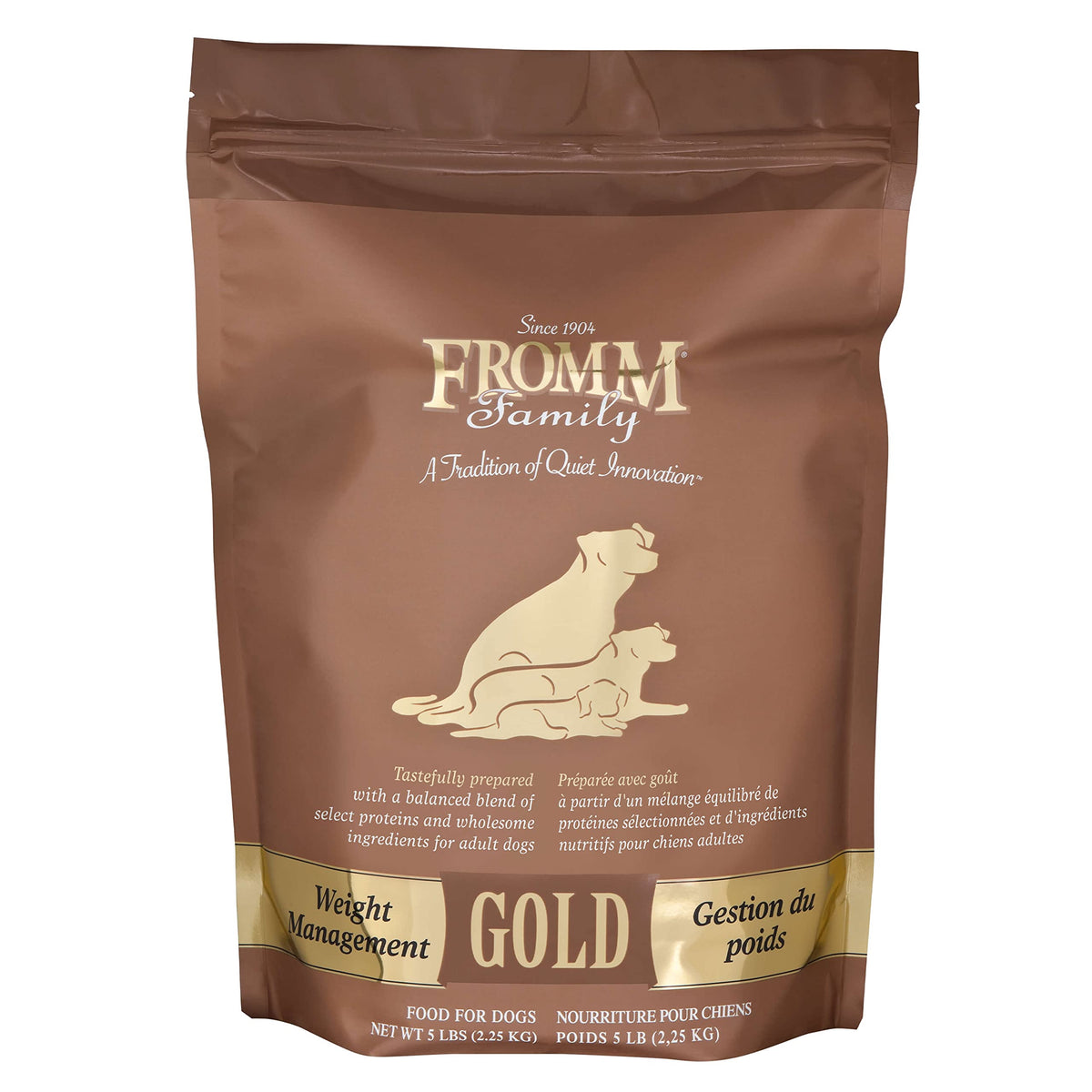 Fromm Weight Management Gold bag angled view highlighting premium packaging for easy storage