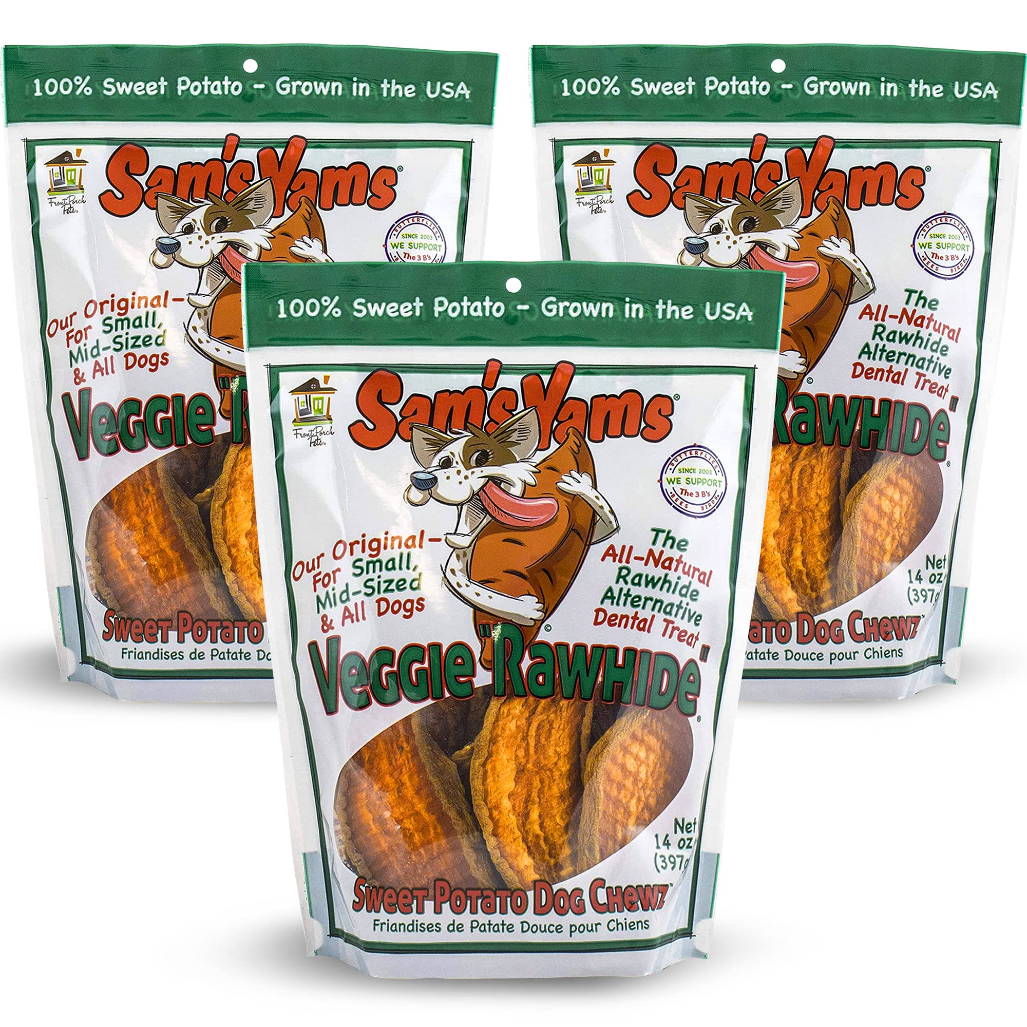 Front Porch Pets Sam's Yams bag front view highlights natural veggie chews for dogs