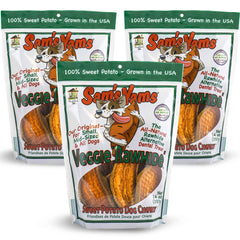 Front Porch Pets Sam's Yams bag front view highlights natural veggie chews for dogs