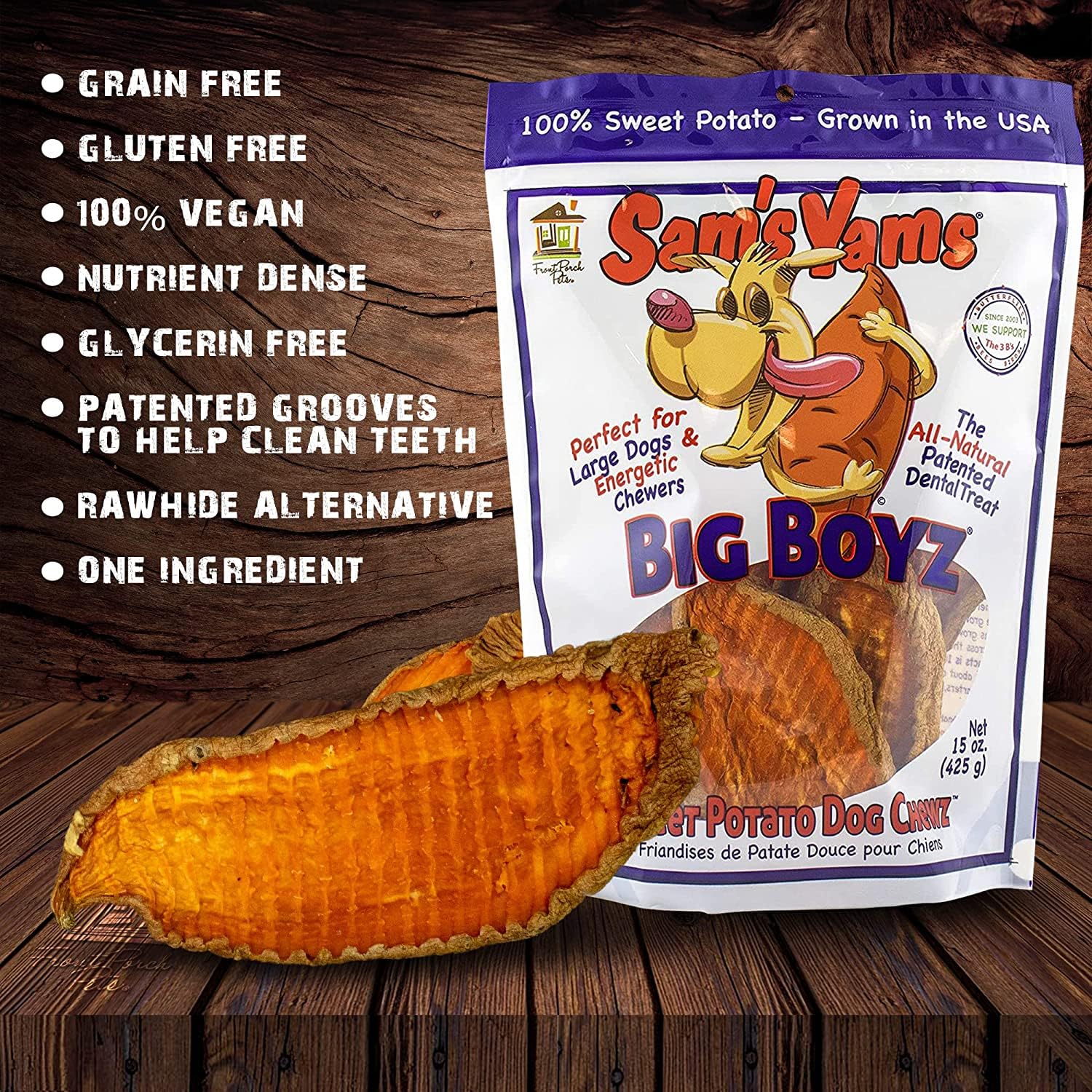 Dog enjoying Sams Yams Big Boyz chew during playtime for canine delight