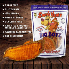Dog enjoying Sams Yams Big Boyz chew during playtime for canine delight