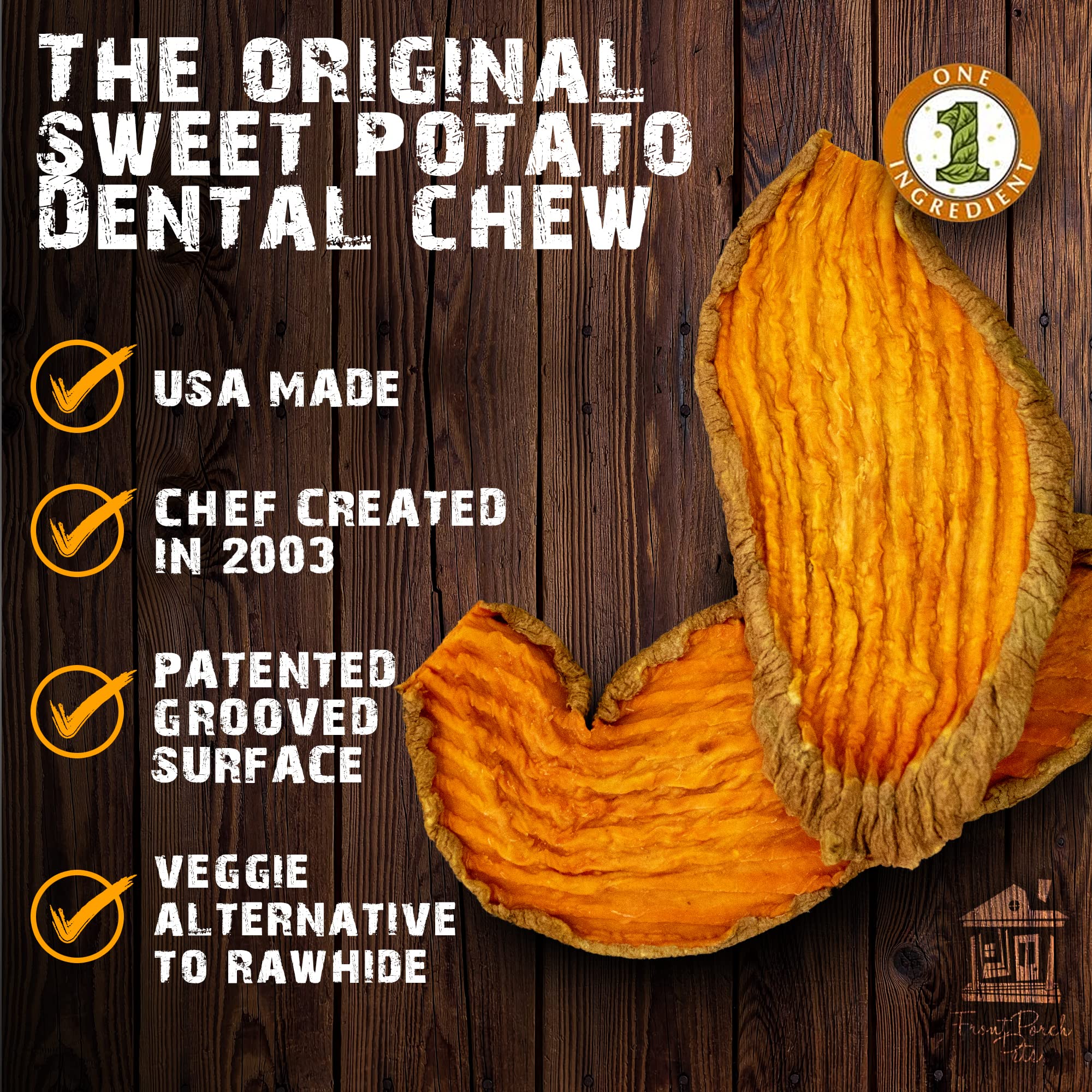Front Porch Pets Sam's Yams dental-friendly chew closeup supports tooth and gum health