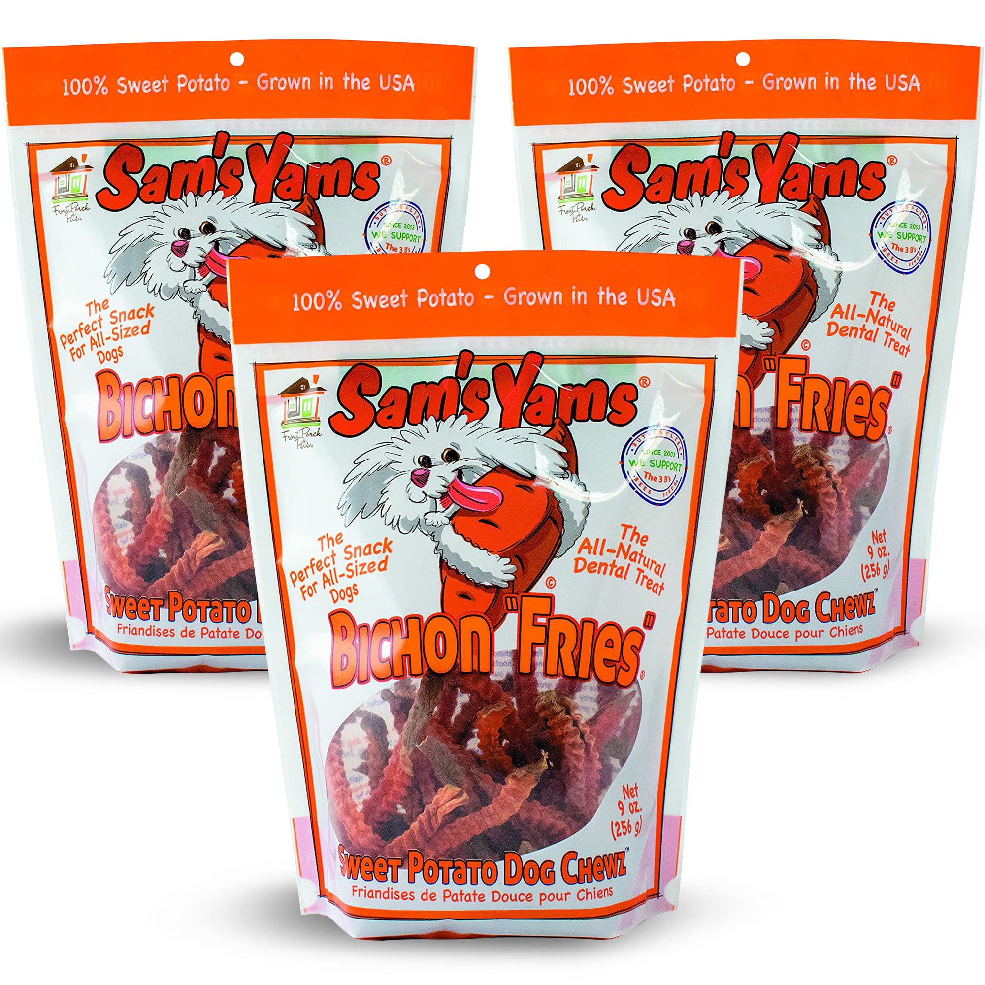 Front Porch Pets Sams Yams sweet potato treats in a resealable bag for easy, fresh snacking.