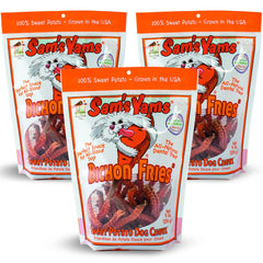 Front Porch Pets Sams Yams sweet potato treats in a resealable bag for easy, fresh snacking.
