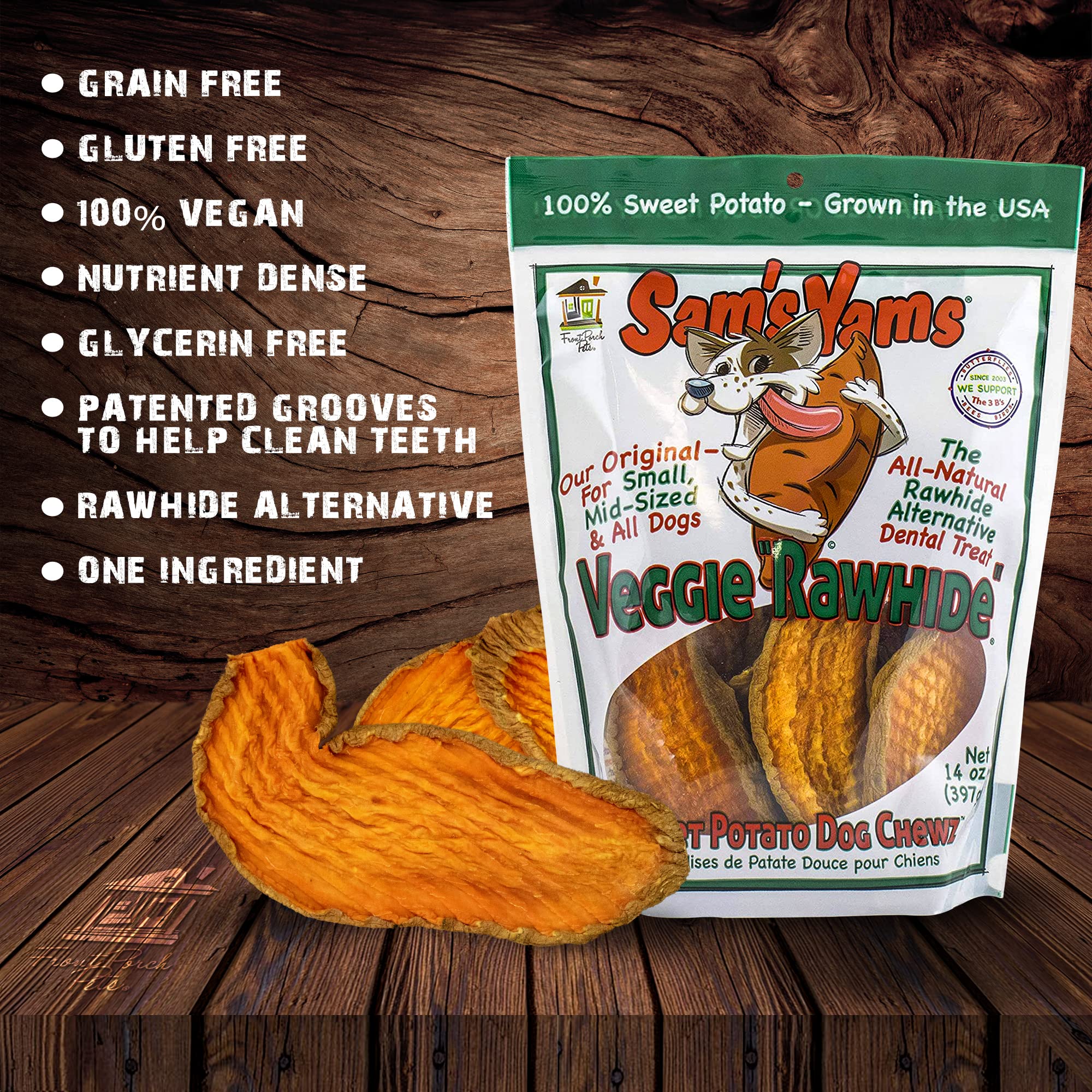 Front Porch Pets Sweet Potato Dog Chewz – vegetable rawhide alternative, easier on sensitive stomachs.