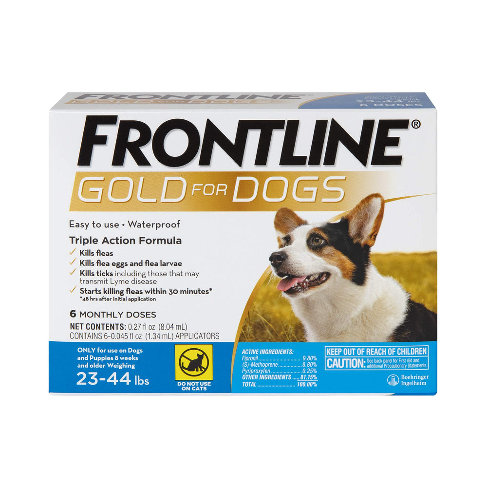 FRONTLINE Gold six-pack packaging for dogs, convenient monthly protection.