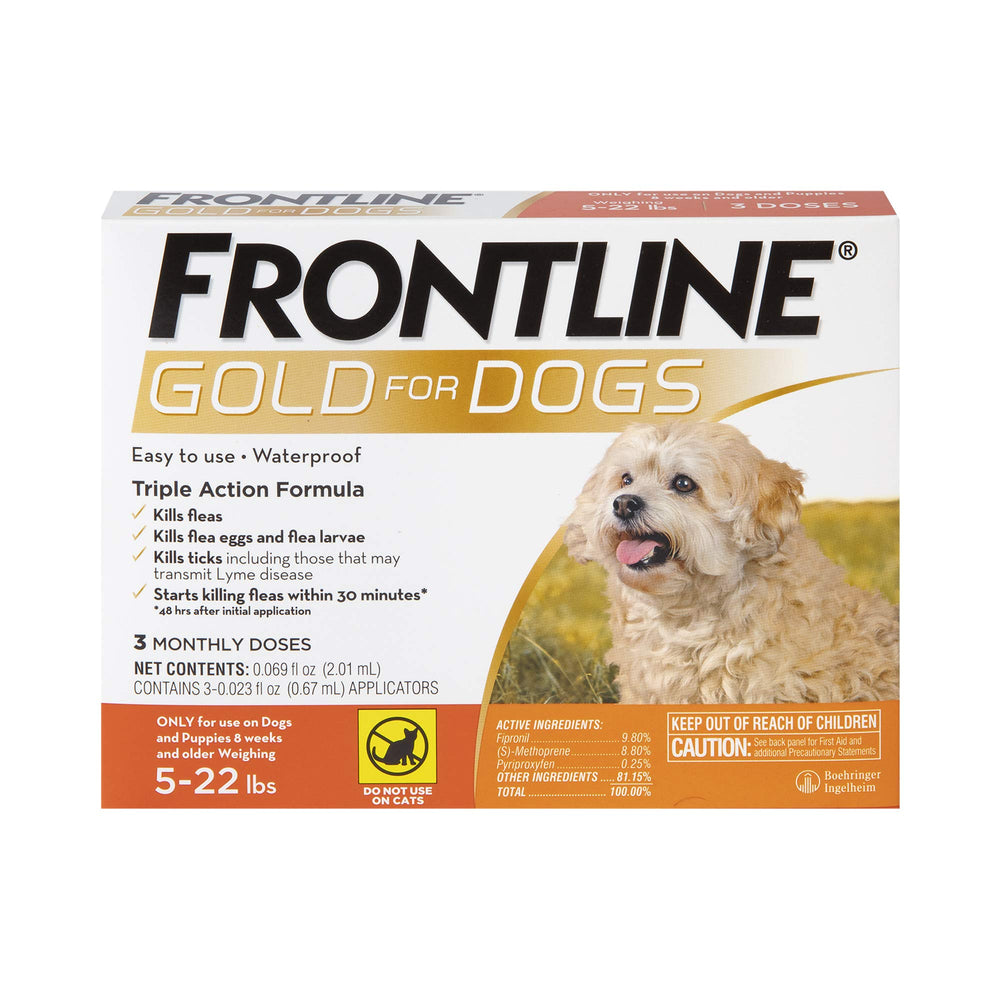 Frontline Gold pack3 for small dogs 5–22 lbs provides month-long protection from fleas and ticks.