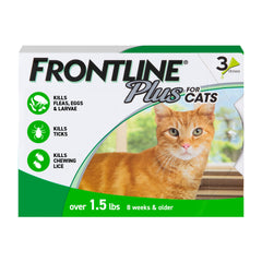 Frontline Plus Cats spot application on the neck for fast flea protection.