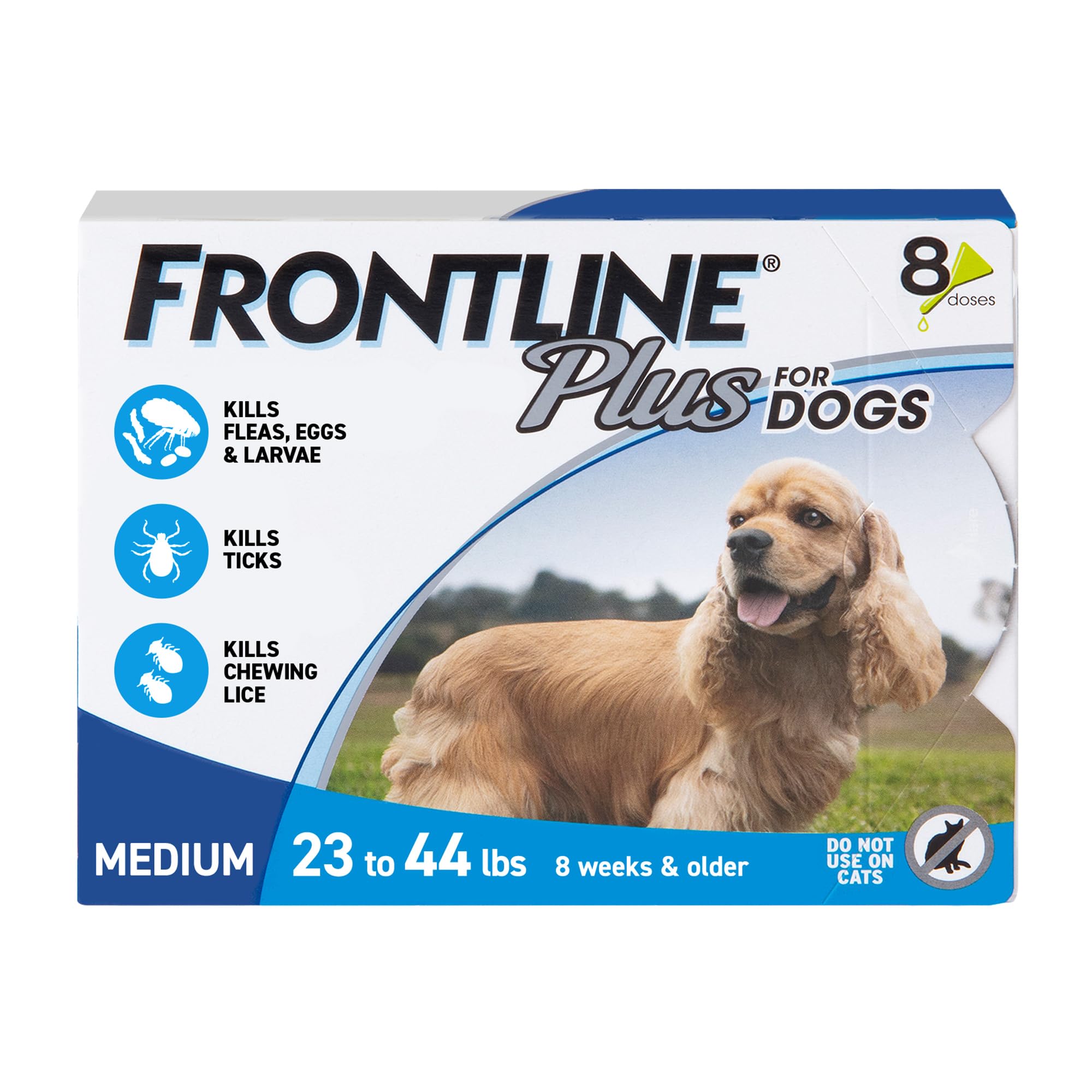 FRONTLINE Plus for Dogs bottle application showing quick topical protection against fleas and ticks.