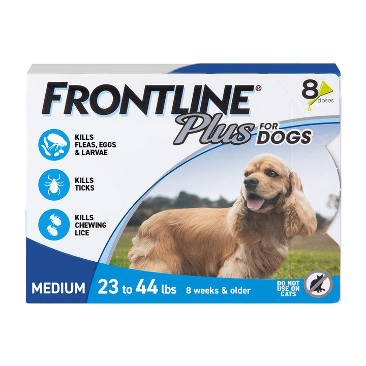 FRONTLINE Plus for Dogs bottle application showing quick topical protection against fleas and ticks.