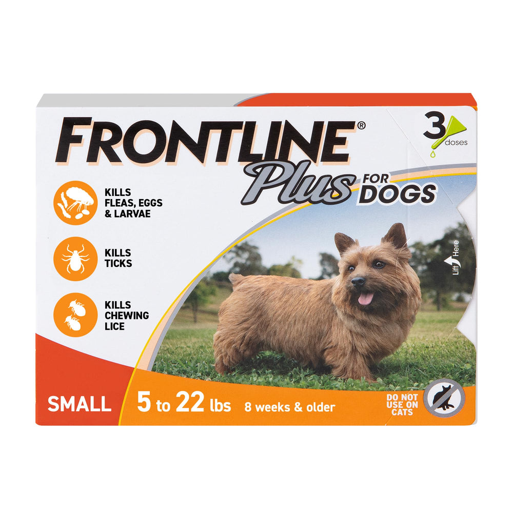 Frontline Plus small dog package for monthly flea and tick protection.