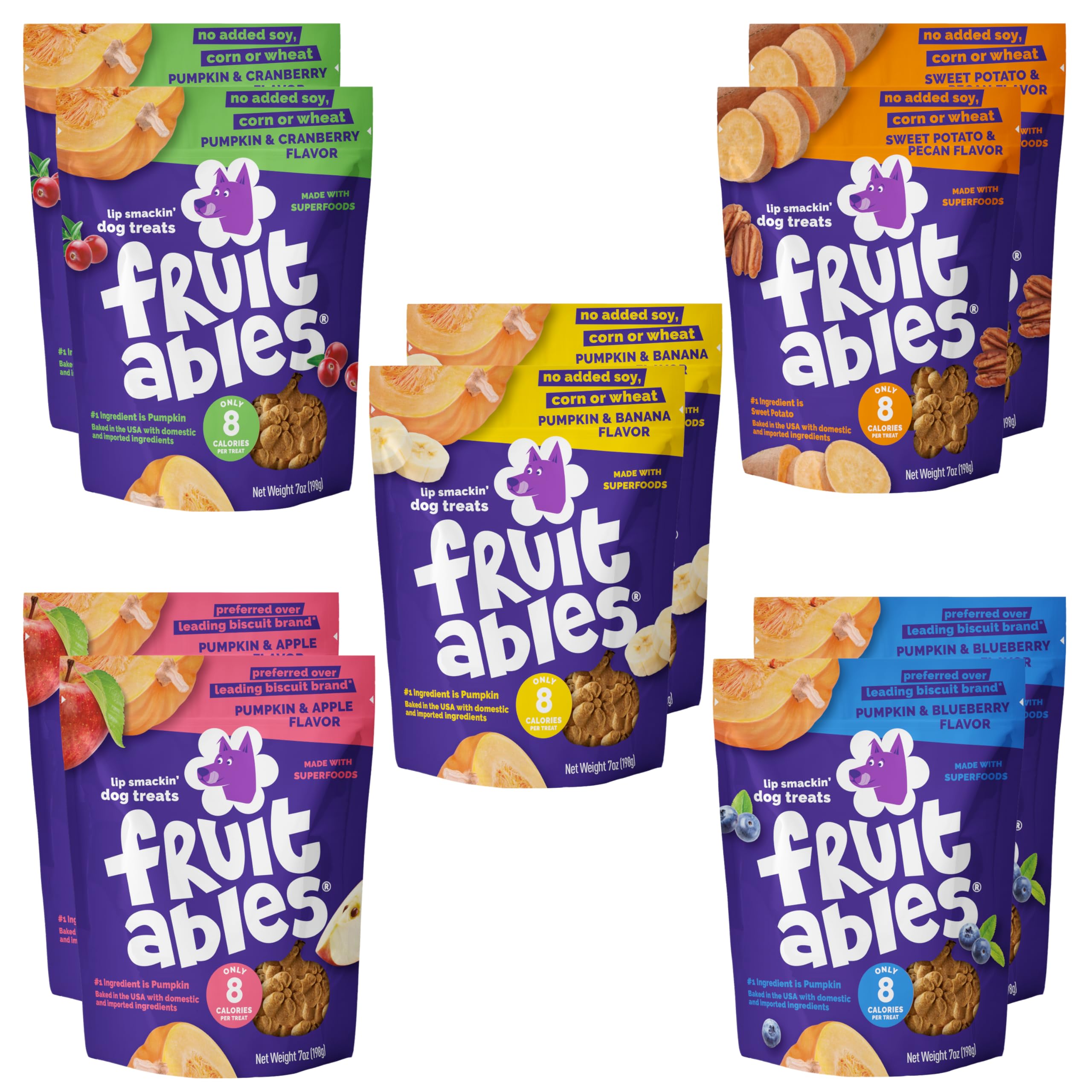 Fruitables Baked Crunchy Pumpkin Dog Treats package view highlighting variety and two pouches per flavor