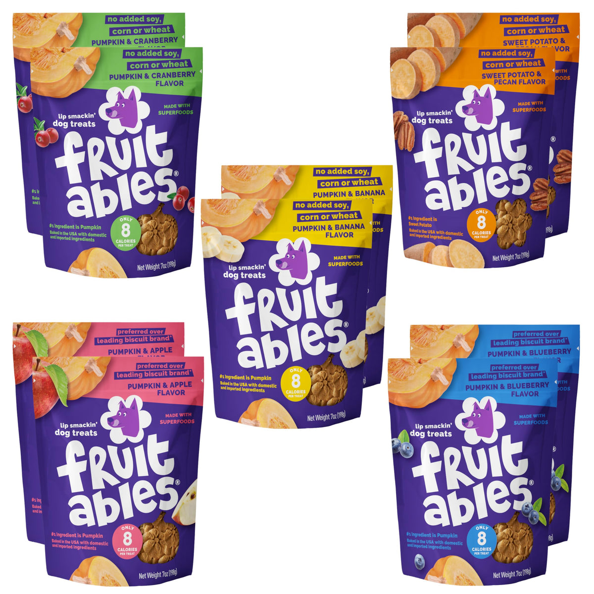 Fruitables Baked Crunchy Pumpkin Dog Treats package view highlighting variety and two pouches per flavor