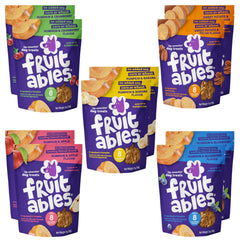 Fruitables Baked Crunchy Pumpkin Dog Treats package view highlighting variety and two pouches per flavor