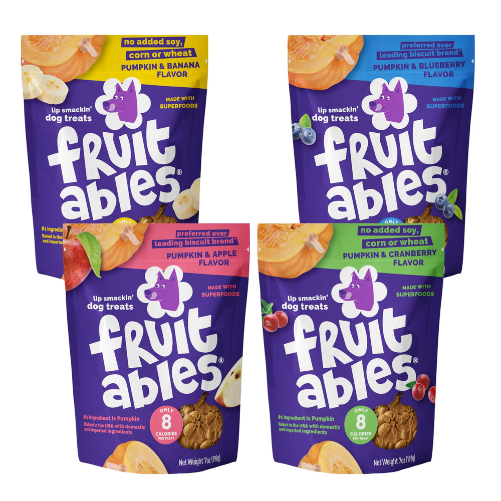 Fruitables Baked Dog Treats Variety Pack Pumpkin Apple pouch showing crisp crunch