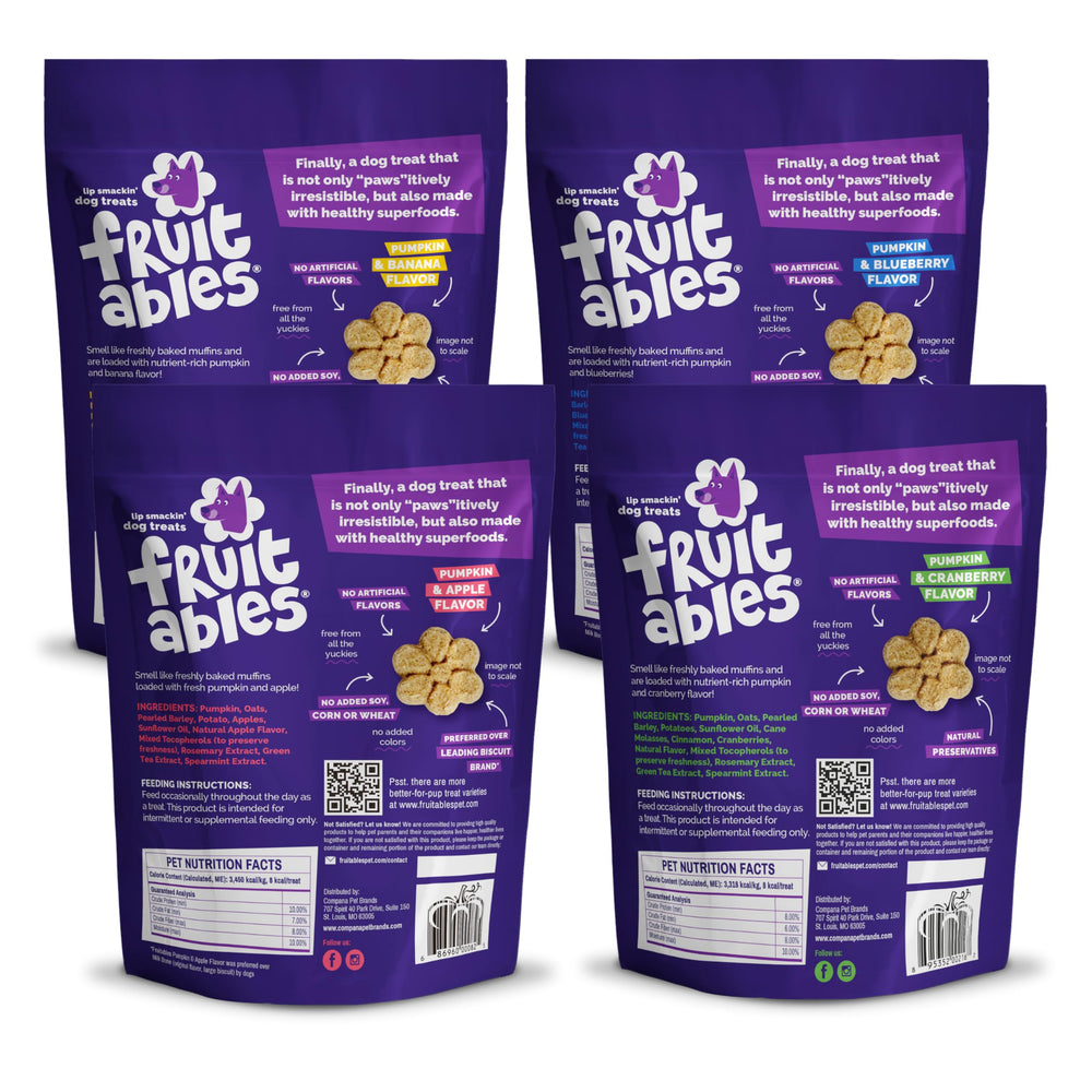 Fruitables Baked Dog Treats Variety Pack Pumpkin Blueberry pouch with aromatic smell