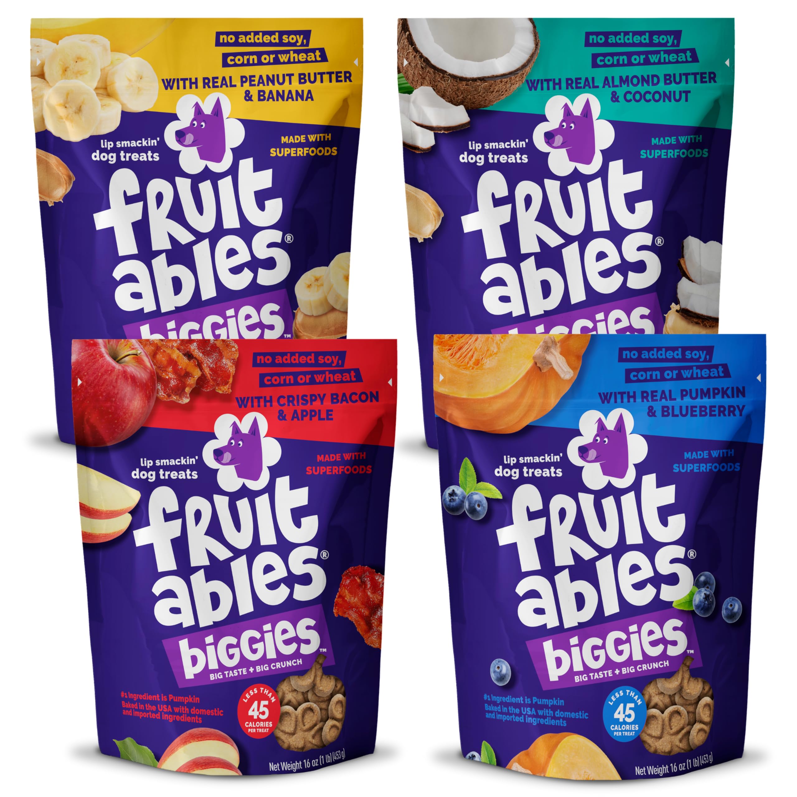 Fruitables Biggies dog treats bag 16oz, convenient snack on the go.