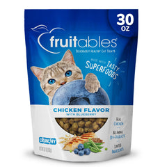 Fruitables cat treats bag showing crunchy chicken blueberry formula for picky eaters