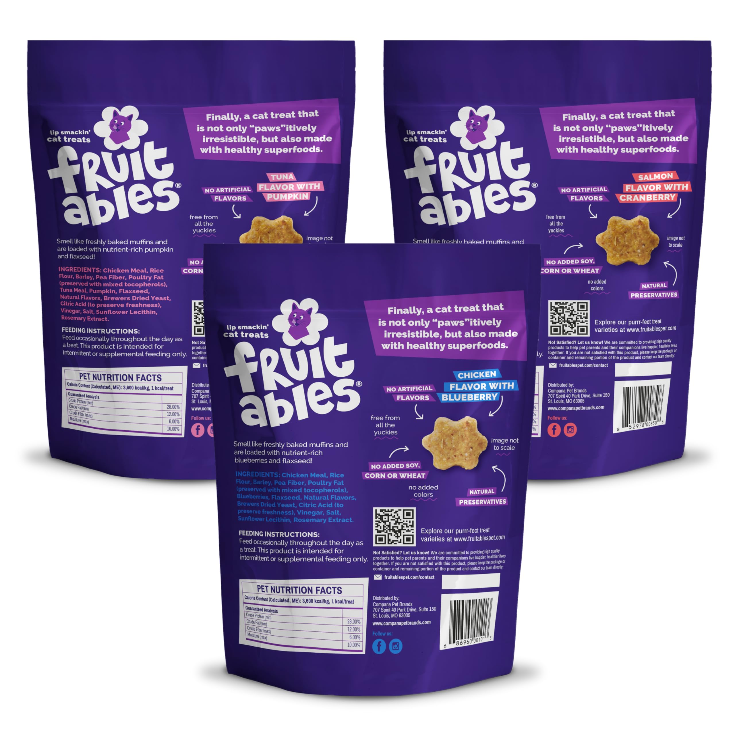 Fruitables Cat Treats real salmon flavor highlights protein-rich taste cats may savor.