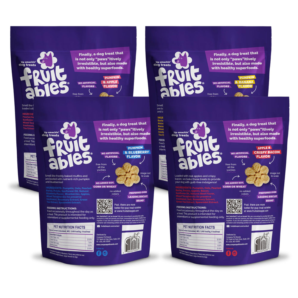 Fruitables pumpkin-banana treats pack delivers irresistible aroma for dogs during snacks.