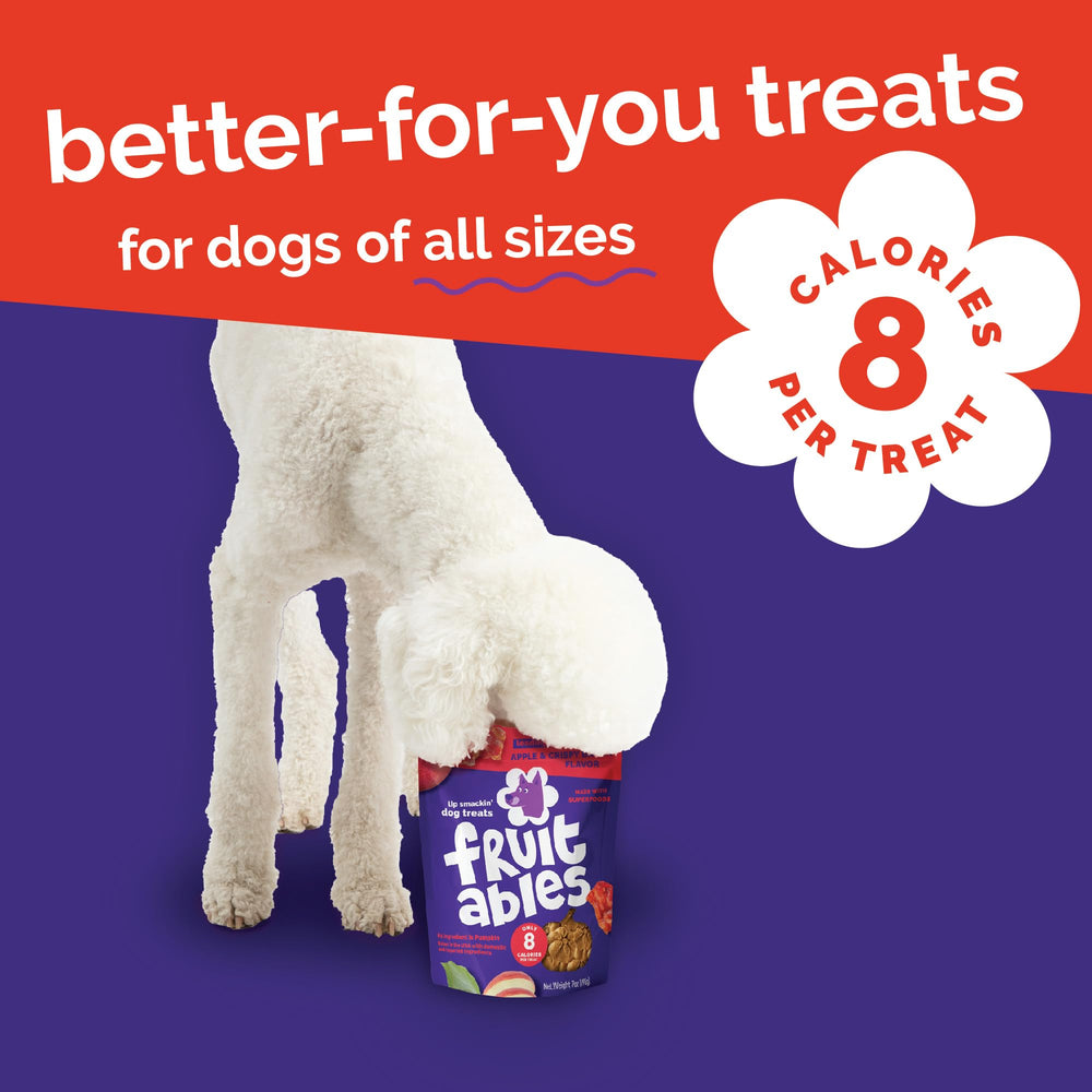 Fruitables Pumpkin Apple Bacon flavor 7oz pouch, savory training reward for dogs.