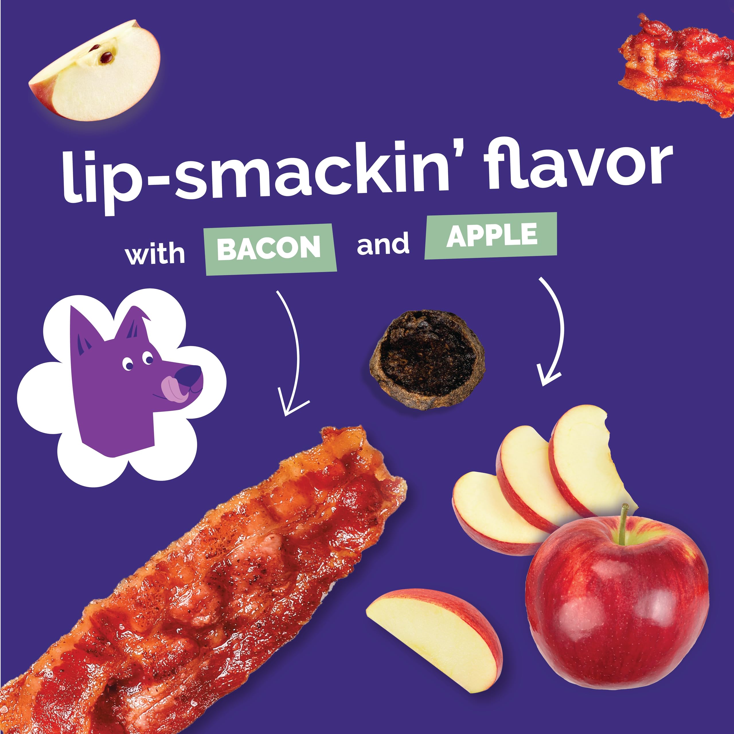 Real bacon and apple flavor aroma suggested by glossy jerky pieces.