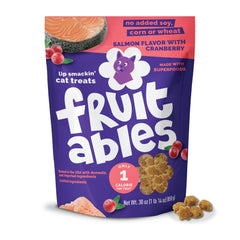 Fruitables Salmon Cranberry Crunchy Cat Treats front bag shows real salmon flavor for tasty rewards